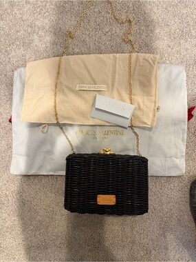 Frances Valentine Black Wicker Chain Crossbody Box Bag with Gold Hardware